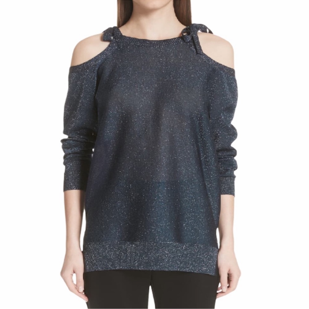 St John Collection Glitter Jersey Knit Cold Shoulder Sweater Size Small